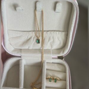 Gold Necklace and Earring Set with Emerald Green Pendants